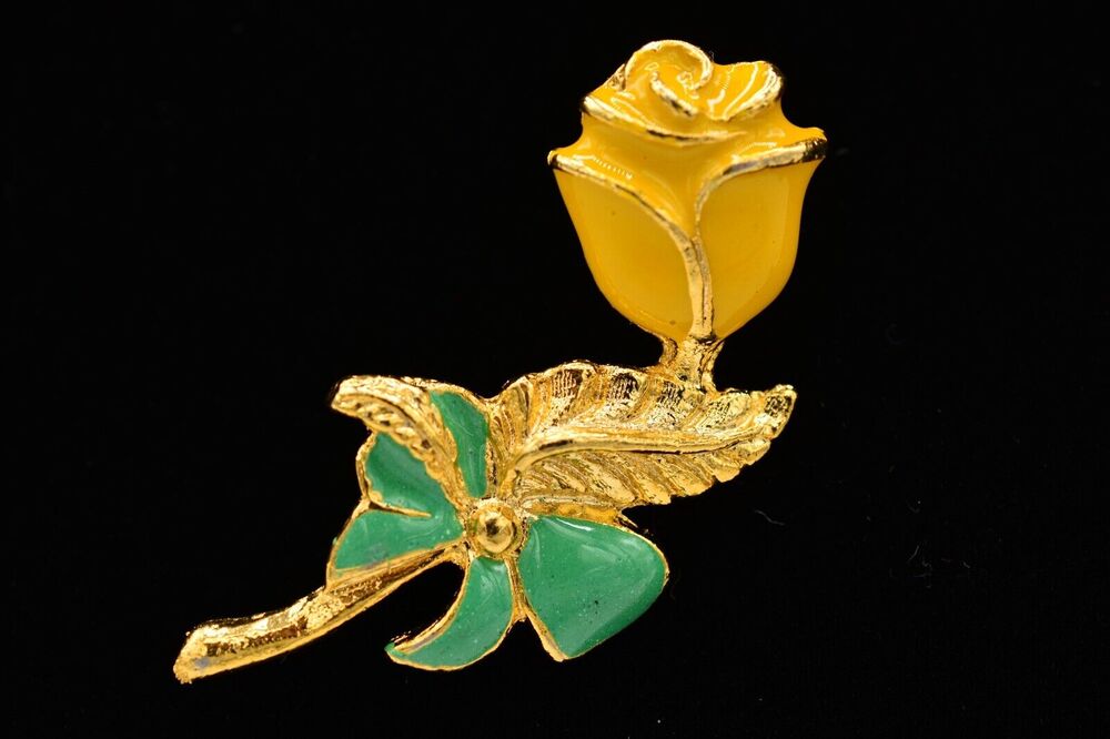 Vintage Rose Pin Brooch Gold Yellow Green Bow Flower Enamel NOS 80s 1980s BinA5